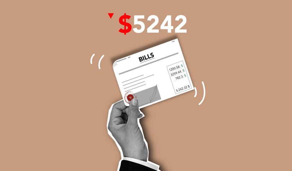 A close-up of a person's hand holding a bill with visible text marked 'BILLS', situated against a plain beige background. The hand, positioned in the lower left part of the image, is grasping the bill between the thumb and index finger, with the other fingers curled underneath. The bill displays a list of several financial figures, with the total amount of $5,242 prominently at the top in bold red text. The background is a solid, neutral beige tone that contrasts with the white and light grey tones of the bill, and the hand's skin tone is natural. Small, curved white lines near the hand and bill suggest movement or handling. The overall composition emphasizes the bill and the total amount, with no additional objects or environmental context visible, keeping the focus on the financial theme that may relate to cost analysis or expense tracking in waste management or rubbish removal services by companies such as Rubbish Clearance Balham.